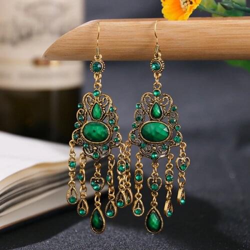 Bohemia Gypsy Retro Gold Metal Earring For Women Green Rhinestone&Stone Beaded Dangling Earrings Turk Jewelry Jhumka Indian