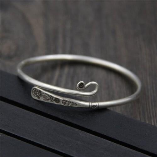 Fyla Mode Real Solid 999 Sterling Silver Adjustable 3.20mm Vintage Fish Carved Open Cuff Bracelet Bangle Men Women Handmade Men