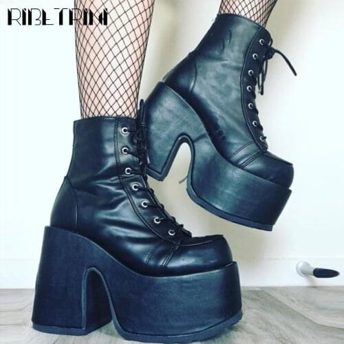 Brand Luxury Platform High-Heeled womens Boots Lace Up Black Goth Cool Punk Chunky Thick Bottom Leisure Top Quality Shoes