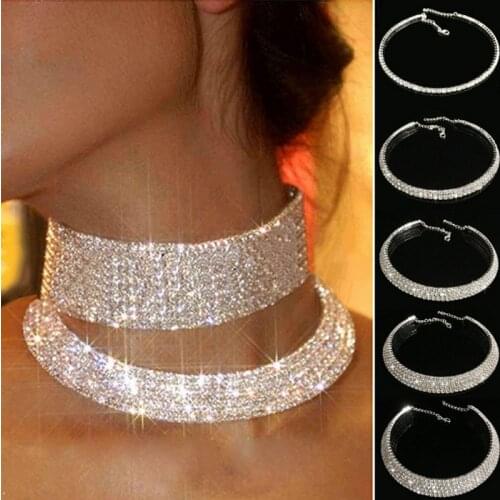Shiny Rhinestone choker Necklace Women Five Layers Silver Metal collier femme Wedding Jewelry Bride Accessories Party Necklace