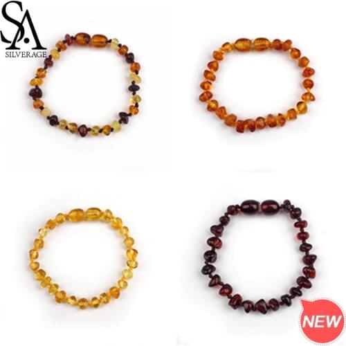 SA SILVERAGE Natural Amber Children Bracelets Four Colors Baby Irregular Round Chain & Link Bracelets Trendy Boys Girls Bracelet