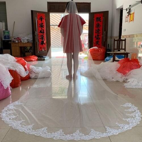 Veu de Noiva 3M Long Bridal Veils with Comb One Layer Lace Edge White Ivory Cathedral Wedding Veils Bride Wedding Accessories