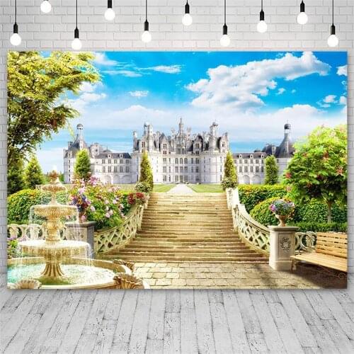 Avezano Photography Backdrop Spring Tree Flower Castle Fountain Cloud Vacation Background Photo Studio Photozone Photocall Decor
