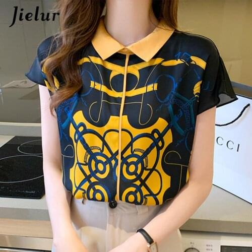 Jielur Silk Women Blouses Office Lady Plus Size S-XXL Tops Retro Print Short Sleeve 2021 Summer Korean Fashion Shirts Blusas