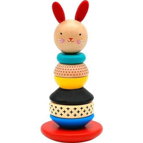 Collage Rabbit Wood Stacking Toy Wooden Blocks Building Stacking Rings Toys Wooden Rainbow Stacker Toys for Infant and Toddler