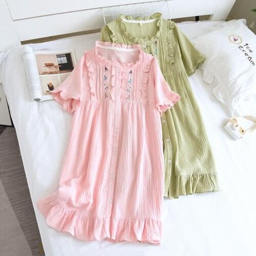 Summer Sleepskirt Women Cotton Crepe Knee-length Comfort Thin Homewear Night Dress Ladies Sleepwear Skirt Round Collars Falbala