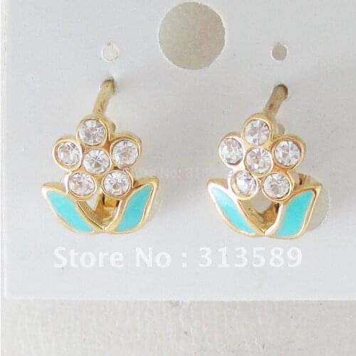 MIN ORDER/ONE PIECE/CUTE FLOWER ENAMEL CZ - YELLOW GOLD GP OVERLAY FILL BRASS HOOP 0.39" EARRING/FREE SHIPPING/GREAT GIFT