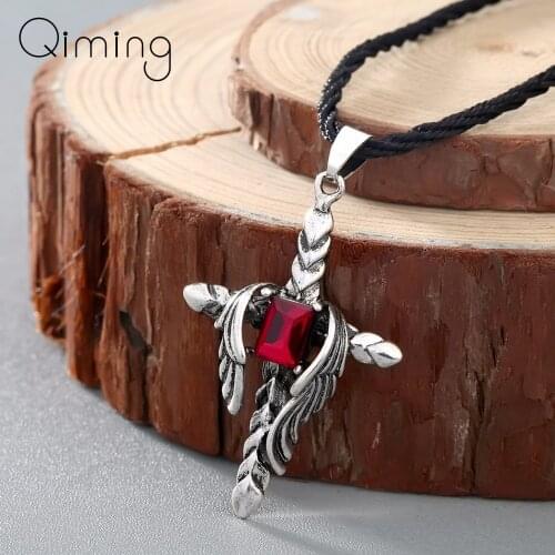 Red Zircon Cross Wing Necklace Women Gothic Jewelry Punk Style CZ Stone Zirconia Inlay Dragon Cross Pendant Men Necklace