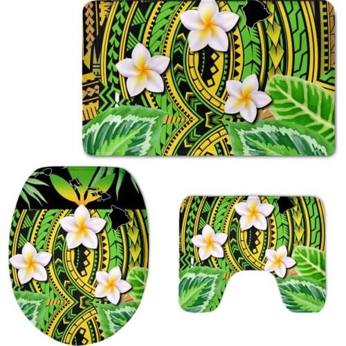Polynesian Style Plumeria Pattern Design Home Set Supplies Toilet Seat Cover Bathroom Mat Anti Skid Commode Pad Washroom Decor