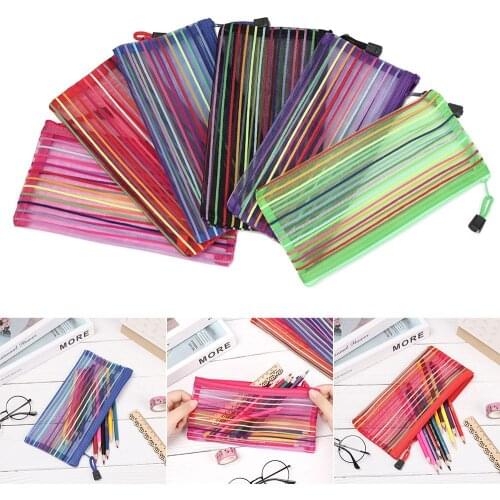 Pen-box Rainbow Color Mesh Document Bag Multicolor Zipper Stationery Bag Nylon Bag Pencil Case Office Student School Supplies