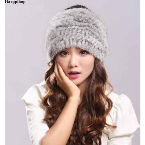 Harppihop Fur hot real fur pom poms wool rabbit fur knitted hat Skullies winter hat for women girls hat feminino beanies hat