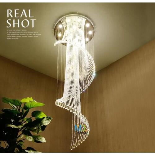 Staircase LED chandelier Modern minimalist European-style rotating villa duplex building with stair light K9 crystal chandelier