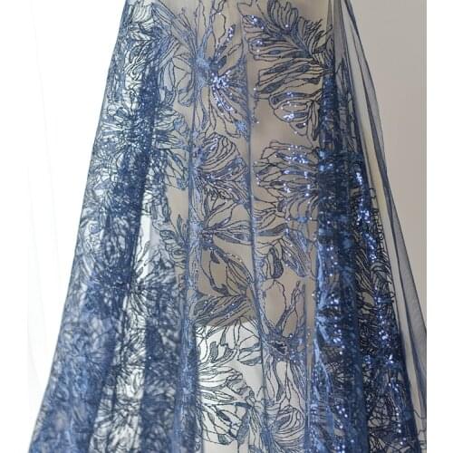 Navy Gold Line Sequins Embroidery Lace Fabric Peony Court Fashion Clothing Fabric High-end Wedding Dress Fabric