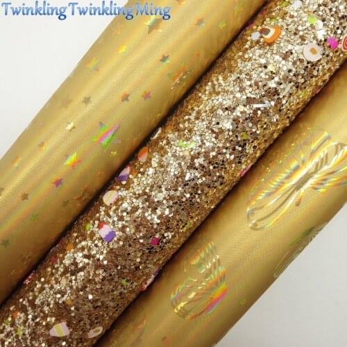 GOLD Glitter Fabric, Iridescent Faux Fabric, Butterfly Stars Synthetic Leather Sheets For Bow A4 21x29CM Twinkling Ming XM895