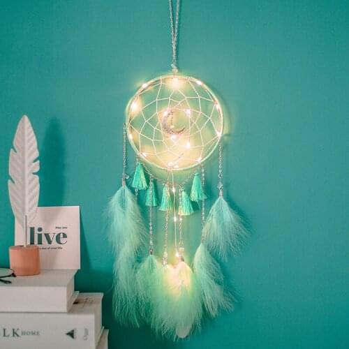 Creative Moon Tassel Dream Catcher with LED Light Luminous Dreamcatcher Pendant Hollow Handmade Wind Chimes Wall Kids Room Decor