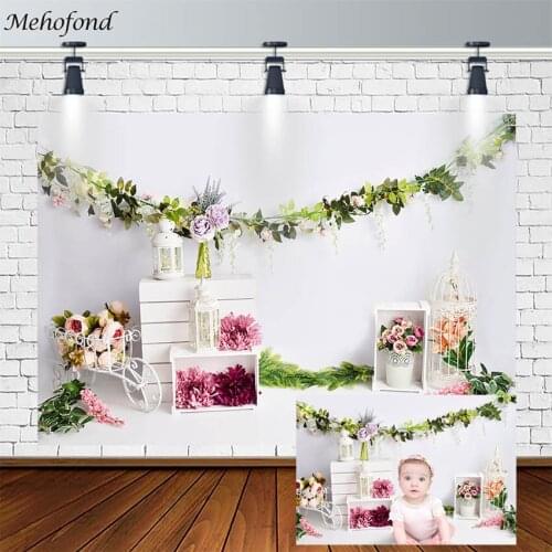 Mehofond Spring Floral Backdrop Green Leaves Pink Flower Newborn Photography Background Photo Studio White Wall Photophone Decor