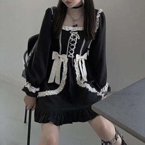 Japanese Lolita Gothic Dress Girl Patchwork Vintage Designer Mini Dresses Kawaii Clothes Fall Bow Tie Black Sweet Female Skirts