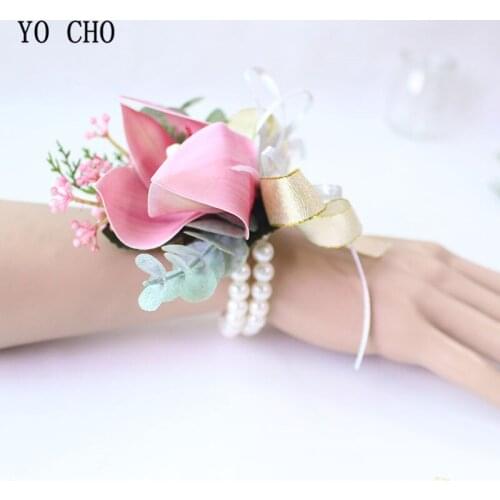 YO CHO Own Design Wedding Pearl Wrist Hand Flower Artificial Orchid Fabric Flower Brooch Corsage Wedding Party Prom Accessories