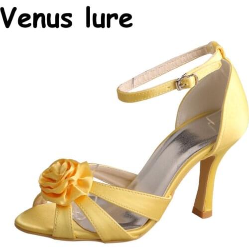 High Heel Yellow Sandals for Wedding Ankle Strap Women Flower Bridal Party Shoes