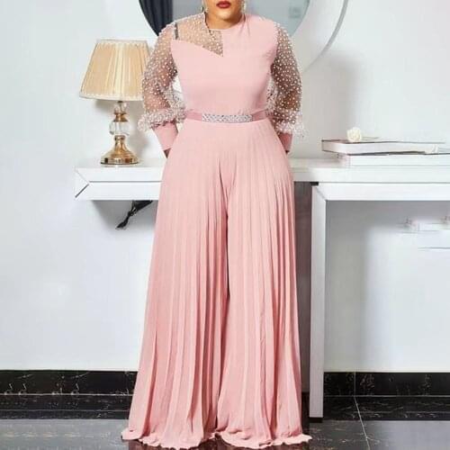 Women Jumpsuit Solid Color Long Sleeve Slim Net Yarn Splicing Perspective Draw Back Folds Fashion Jumpsuit 2021 Summer