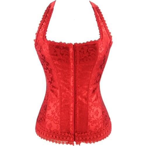 Ladies Sexy Halter Corset Top Vest Shaper Bustiers Corset Lace Flower Lingerie Overbust Corset Push Up Waist Corselet Red Black