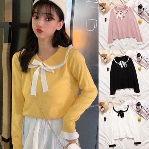 Women Sweater Bow Korean Style Yellow Pullover Casual Long Sleeve Knitted Jumper Kawaii Autumn Pull Femme