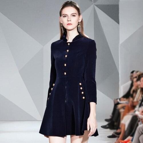 2021 New Autumn And Winter Blue Velvet Big Swing Dresses Long Sleeve Single Breasted Plus Size Vestido Da Festa