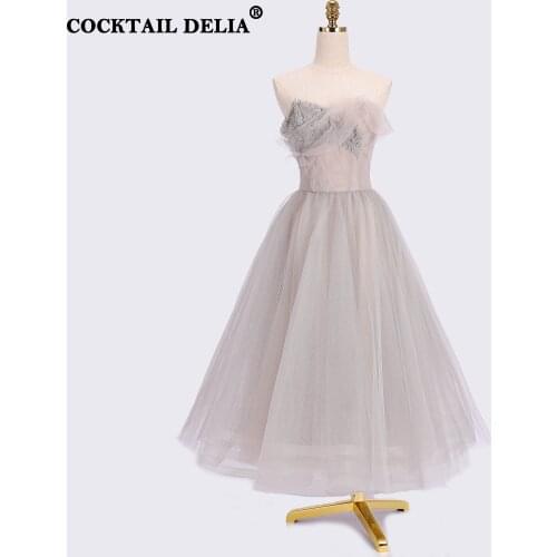 Pink Grey Strapless Tea-Length Evening Dresses Crystal 2021 Beaded Ball Gown Sexy For Women Wedding Party