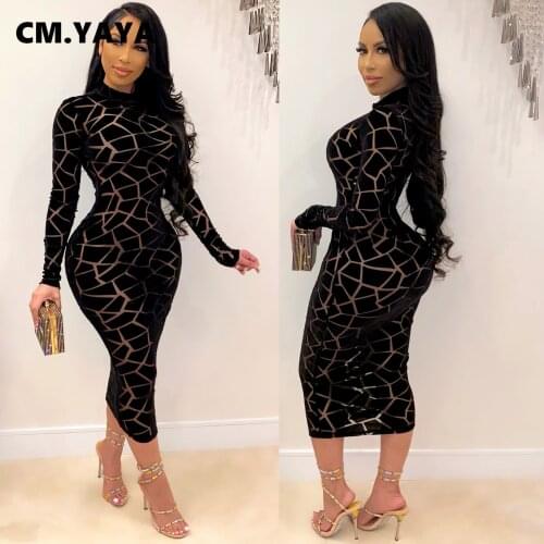 CM.YAYA Full Sleeve Mesh See-through Midi Dress for Women Sheath Slim Elastic Turtleneck Print Club Night Praty Dresses Spring