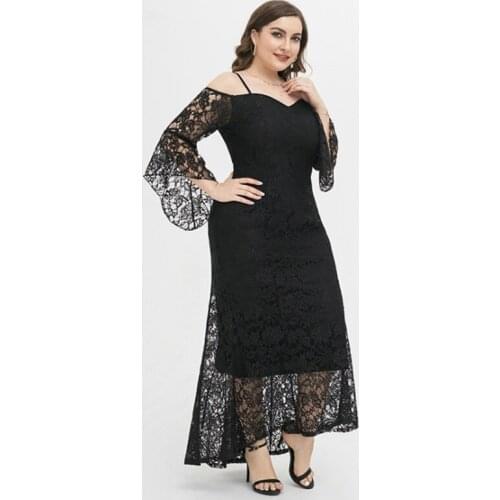 Autumn Fashion Black Elegant Flared Sleeves Spring Party Large Size Lace Evening Mermaid Dress Lady Ropa De Mujer Birthday 4XL