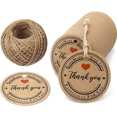 300 Pcs Kraft Paper Thank You Tags, Hand Made with Love Especially for You Tags with 100 Feet Jute Twine Gift Wrap Tags (Brown)