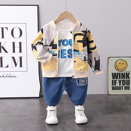 2021 New Spring Toddler Boys Clothes Girls Baby Suit High Quality Cotton Cartoon Coat+Shirt+Jeans 3pcs Kids Clothing Sets