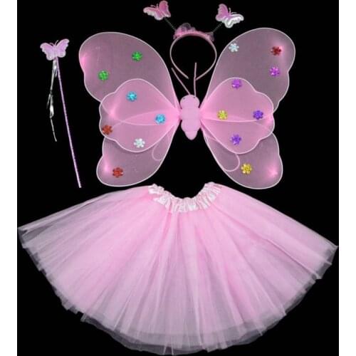 Party Dance Costumes Cosplay Fairy Princess Kids Butterfly Wings +Wand+Headband+Tutu Skirt New