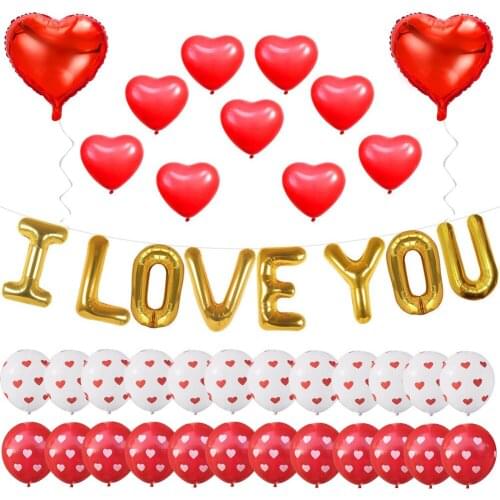 46 Pieces Heart Balloons Valentine Balloons Love Heart Foil Balloons Valentines Day Gold Letter I Love You Banner Balloons