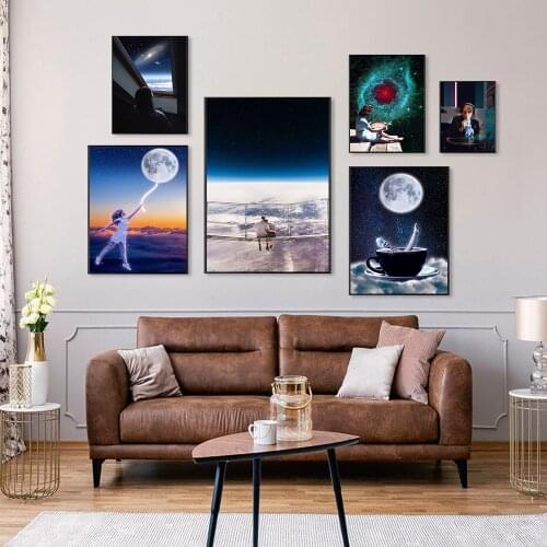 Abstract Space Moon Coffee Bath Girl Balloon Wall Art Canvas Painting Nordic Posters And Prints Wall Pictures For Living Room