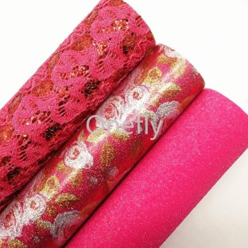 Onefly 21x29cm Rose Glitter Fabric, Rose Flowers Printed Faux Leather Fabric Sheets For Bow DIY handbags shoes DQ031