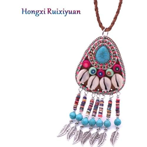 Bohemian necklace hand-woven leather shell ladies necklace fashion color soft ceramic crystal leather rope necklace jewelry