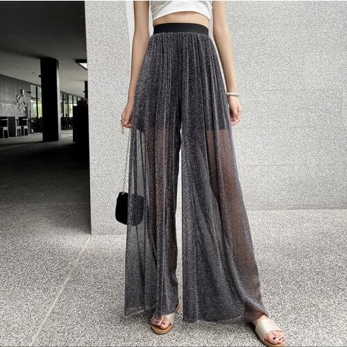 Summer Women White See Through Wide Leg High Waist Casual Trousers Beach Long Loose Mesh Sheer Pants Hot Korean Plus Size