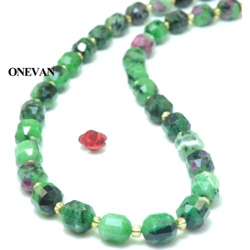 ONEVAN Natural Ruby Zoisite Faceted Cylinder Beads 7x8mm Round Stone Bracelet Necklace Jewelry Making Diy Accessories Design