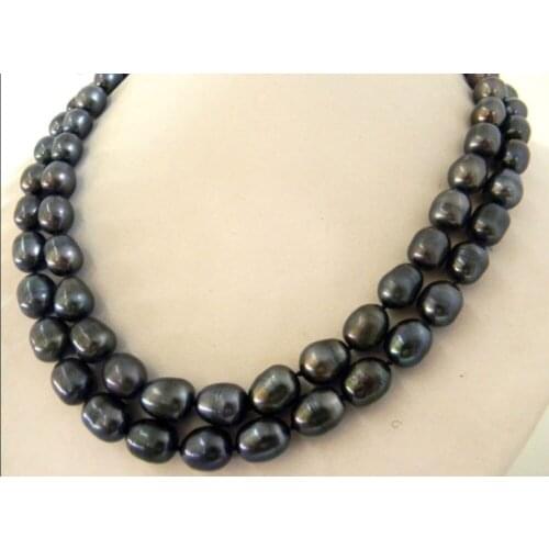 2 ROW ''10-12mm baroque Natural tahitian black pearl necklace 17''18