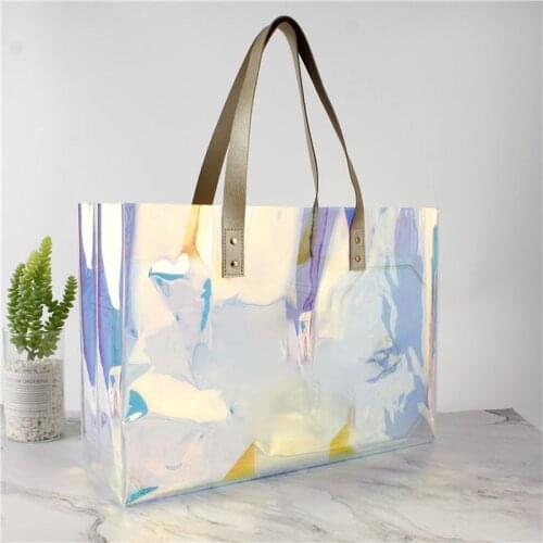 500 Pcs Holographic Tote Laser PVC Shopping DIY Transparent Travel Beach Large Capacity Bags With Women Handbags
