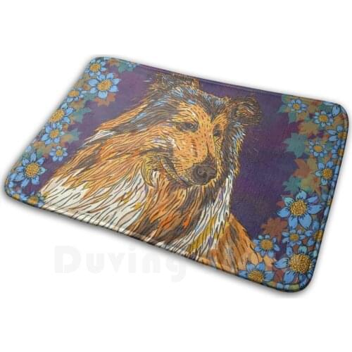 Rough Collie And Blue Flowers Mat Rug Carpet Anti-Slip Floor Mats Bedroom Rough Collie Collie Lassie Sheep Dog Pet Pets Animal
