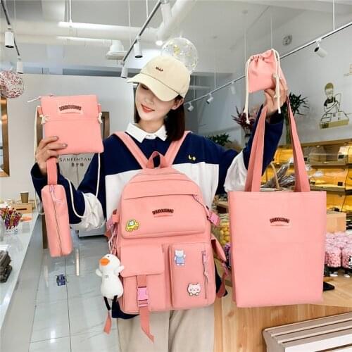 5 Pcs Set Backpacks Cute School Bags For Teenage Girls Women Backpack Casual Canvas Teen Student Shoulder Bags Mochila Escolar