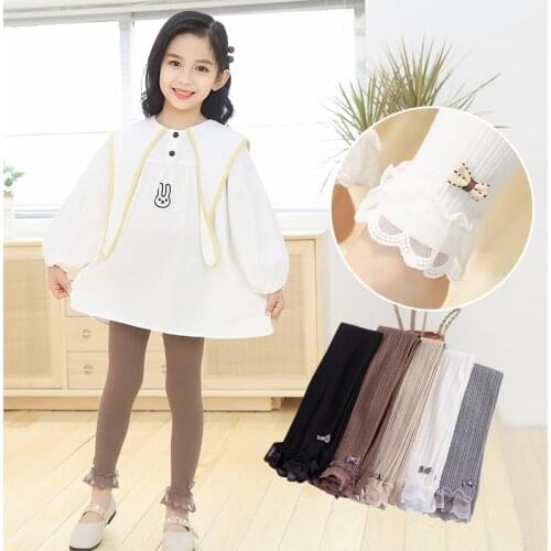 Childrens big lace bow knot cropped trousers spring and summer lace wide striped cotton leggings girls princess slim trousers