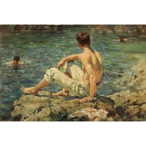 GAY Oil painting Henry Scott Tuke young boys swimming in the summer river view