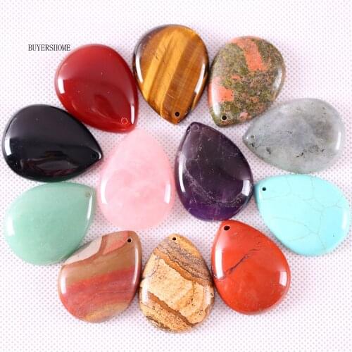 Necklace Bead Natural Stone Red Carnelian Pink Crystal White Opal Pendant Teardrop Green Aventurine Rhodonite Gem 1Pcs