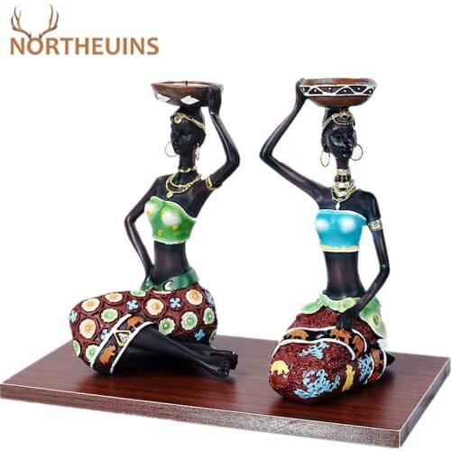 NORTHEUINS 2 Pcs/Set European Style Black Woman Candlestick Decoration Lady Figurines for Interior Sculptures Home Decor Loft