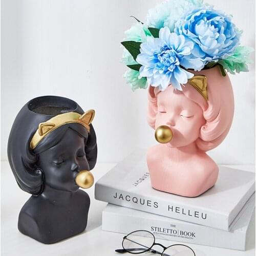 Young Girl Sculpture TV Cabinet Decoration Figurines Dry Flower Holders Sundries Container Miniature Model Ornament Wedding Gift