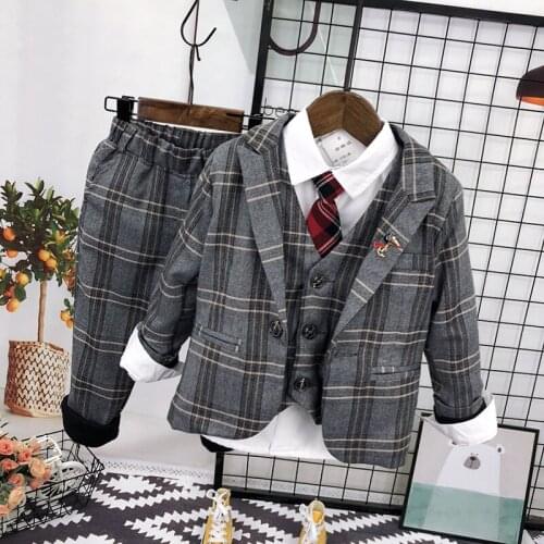 Baby Boy Thicken Formal Suits Winter Korean Plaid Kids Performance Set Blazer Pants Vest Shirt 4pcs Set For Boy Child Clothing
