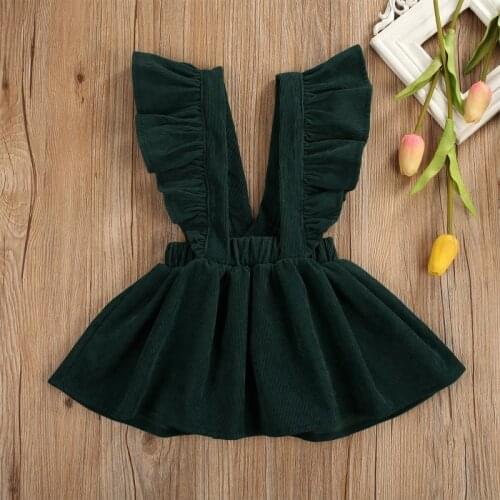 1-6Y Toddler Tutu Suspender Dress Infant Kids Baby Girl Ruffle Corduroy Dress Solid Fall Winter Button Sundress Clothes Green